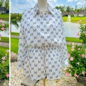 New Boutique Mable White Blue Bows Button Shirt & Shorts Satin Set PJs Size S